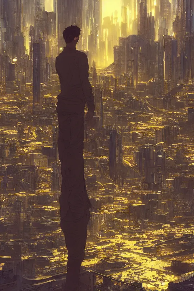 Prompt: a curly - haired persian guy wearing golden shades reflecting a cityscape against a cyberpunk city backdrop by makoto shinkai, masamune shirow and jean giraud