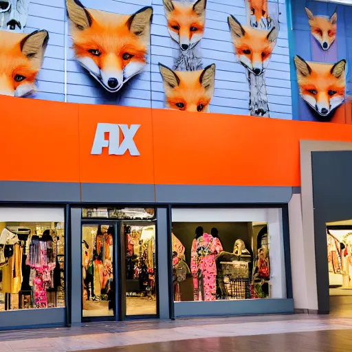 Image similar to a shopping mall picture outside of a fox-themed clothing store vendor, designed after foxes, Fox design patterns on the orange wall, realistic photo