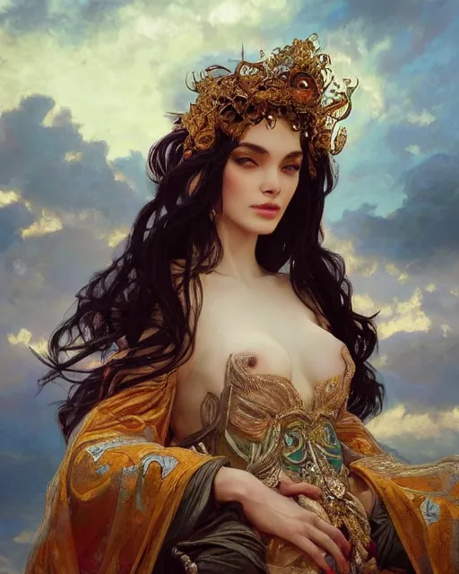 Image similar to a beautiful close up portrait of a sorceress sitting with elegant looks, flowing robe, ornate and flowing, intricate and soft by ruan jia, tom bagshaw, alphonse mucha, krenz cushart, beautiful roman architectural ruins in the background, epic sky, vray render, artstation, deviantart, pinterest, 5 0 0 px models