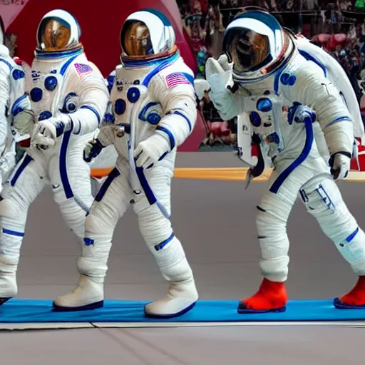 Image similar to 5 space astronauts in spacesuits of different colors, running in a relay race in a stadium, olympic games