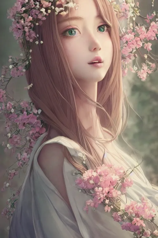 Image similar to romantic and fashion and love princess of the flower with sheath dress, 8 k realistic, teenager girl, baroque, symmetrical, flowing hair, smile, trending pinterest and pixiv, muted colors, hyperrealistic, l close up shot, character concept art, face by kyoung hwan kim, alexandra fomina, ilya kuvshinov