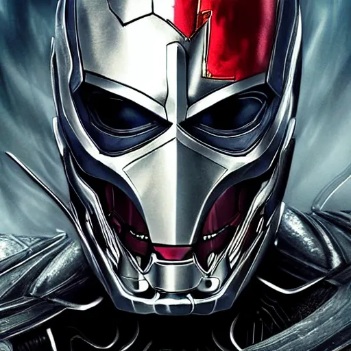 Prompt: face of an armored villian, ultron, sauron, evil dark, mask, Black Mask