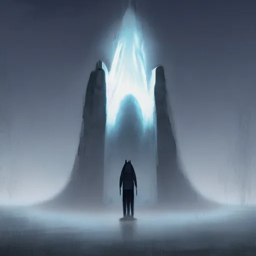 Image similar to ominous and dreadful digital painting of a terrifying demon standing in front of a monumental white monolith in the style of simon stalenhag. overcast, misty. extreme long shot. hd, sci - fi.