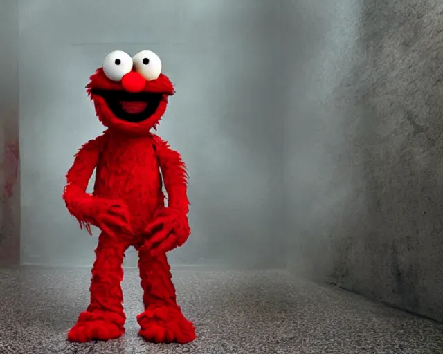 Image similar to elmo with long, slim arms, horror, slenderman, terror