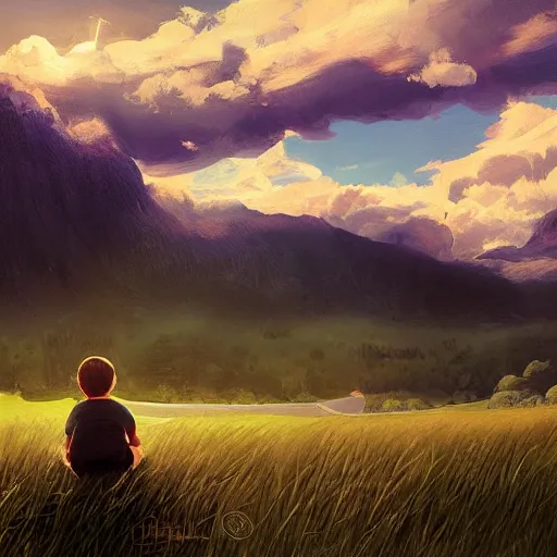 Prompt: a cinematic landscape view looking at an open field, a boy sits in the field looking at the sky, mountains in the distance with a river running down, the sun shines through the parted clouds, digital painting, fantasy, art by alexandre mahboubi and christophe oliver