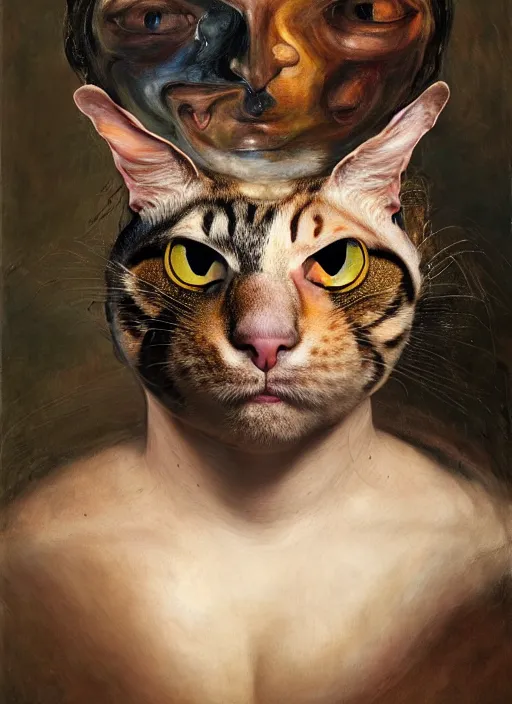 Prompt: strange, looming head, biomorphic painting of a woman cat hybrid by jenny saville and charlie immer, rachel ruysch, highly detailed, emotionally evoking, head in focus, volumetric lighting, melting, drippy oil painting,