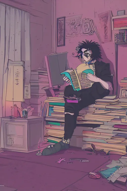 Image similar to goth guy sitting on the floor of a cluttered 9 0 s bedroom reading a book, vaporwave colors, lo - fi, concept art, smooth, detailed, toon shading, cel shading, animation, 4 k, hd,