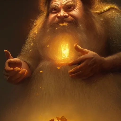 Prompt: portrait of a dwarf holding in two hands the beautiful humongous raw, unrefined gold nugget with organically sculpted lines, realistic, beautiful, fantasy art, dnd, lord of the rings, mid - shot, moody lighting, by greg rutkowski, wlop, artgerm, concept art, sharp focus, ray tracing