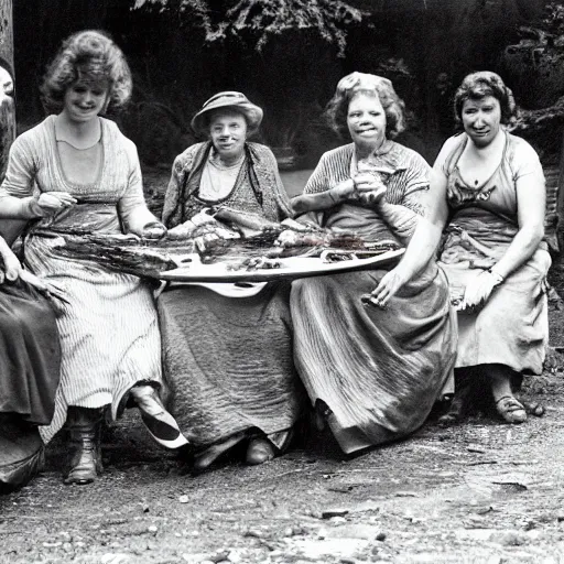 Prompt: a group of women feasting on trouts