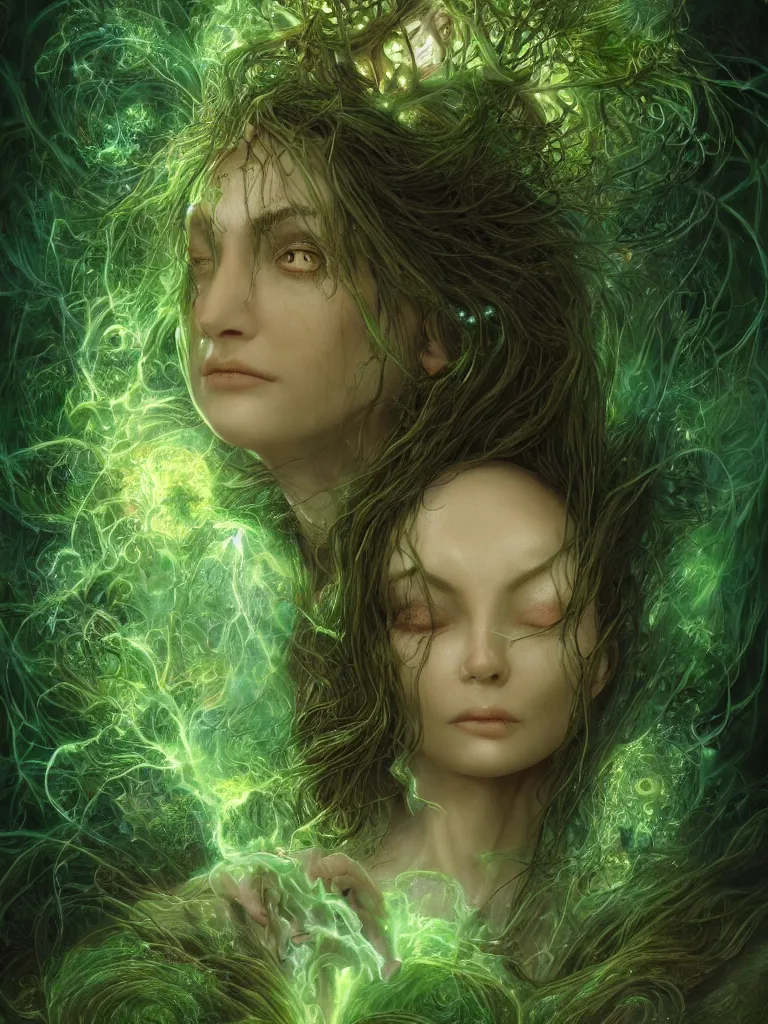 Image similar to an ancient mystical alluring female witch generating flowing energy and surrounded by wisps of green magic sits meditating in a magical overgrown garden temple, face face face, by karol bak, 3 d, cinema 4 d render, trending on artstation