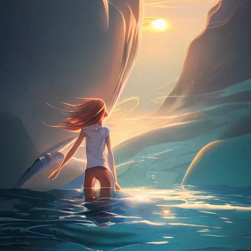 Prompt: by rossdraws, by makoto shinkai, by jeffrey smith, beautiful flowing feeling, amazing detail, an illustration, sunset, by studio trigger, dramatic angle, realistic and detailed, the vitality of life, wojtek fus