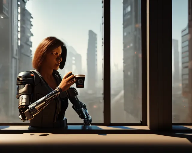 Image similar to a terminator cyborg lady with borg implants and optical fibers is drinking coffee near a window with dystopian city visible outside. very detailed 8 k. cyberpunk style. unreal engine render. global illumination. nanite. rtx. path tracing.