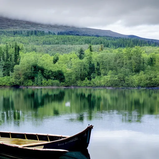 Image similar to a cinematic shot of an old blue rowing boat at the side of a still loch with the reflection of the trees and high forested scottish mountains visible reflecting in the water and a large house barely visible in the distance on the opposite side of the water through a gap in the trees