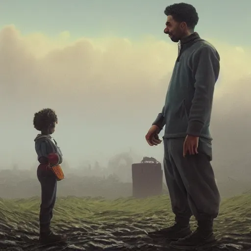 Image similar to giant 2 1 savage standing over tiny humans by simon stalenhag, atmospheric haze, children below look up, misty evening, sci fi digital painting, unreal engine 5, photorealism, hd quality, 8 k resolution, cinema 4 d, 3 d, cinematic, professional photography, art by artgerm and greg rutkowski and alphonse mucha and loish and wlop