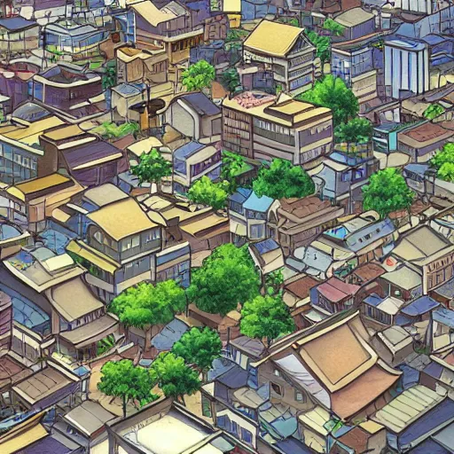 Image similar to japanese town, neighborhood, japanese city, underground city, modern city, tokyo - esque town, 2 0 0 1 anime, cel - shading, compact buildings, sepia sunshine