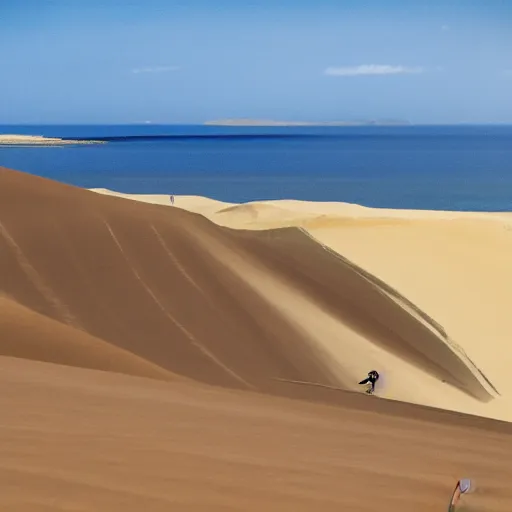 Image similar to sandboarding sandhills and seascape hokianga, ghibli, cinematic composition, wide shot, digital art