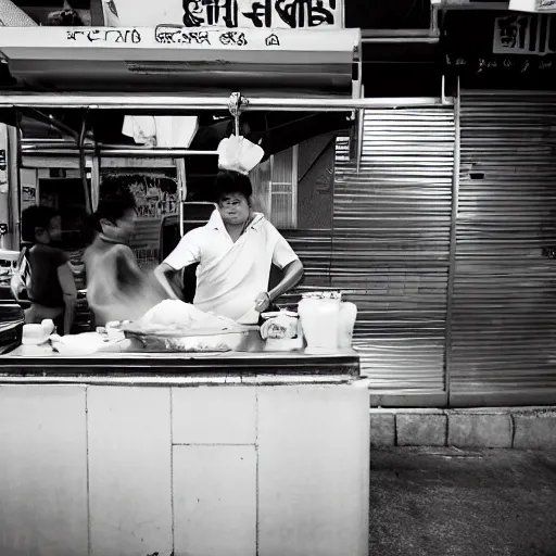 Image similar to a photograph of pikachu, with a towel over his neck, flipping roti prata at a hawker stall in singapore, nikkor 3 5 mm f / 4. 5, press photography