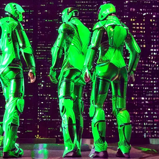 Image similar to love, diverse green cybersuits, from behind, connection rituals, wide wide angle, vivid, elaborate, highly detailed, beautiful lighting