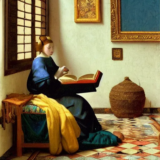 Prompt: a highly detailed fantasy pastel oil painting in the style vermeer of a young wizard in ornate clothing lounging on a purpur pillow on the marble floor in front of her bookcase, studying an ancient tome. to the side is a potted plant and some blue candles. ancient oriental setting.