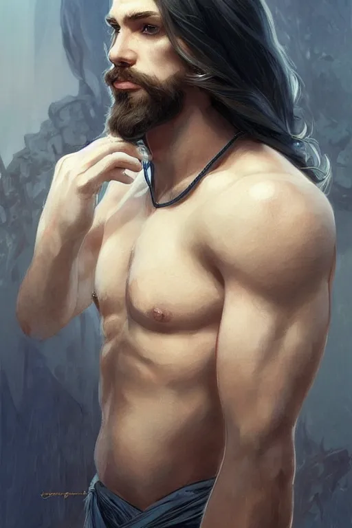 Image similar to beautiful Aryan man staring straight ahead with blue eyes and long hair and a goatee, elegant, highly detailed, digital painting, artstation, concept art, smooth, sharp focus, illustration, art by artgerm and greg rutkowski and alphonse mucha