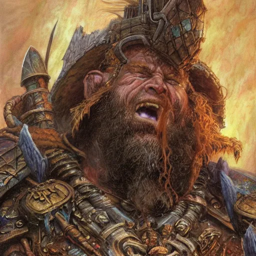 Image similar to art by donato giancola and bayard wu and gustav moreau and wayne barlowe, a fantasy cinematic close up shot of a dwarf berserker, warhammer, dnd, last stand