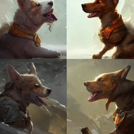 Prompt: d & d character art for a corgi paladin, intricate, highly detailed, hyperrealistic, fantasy, beautiful digital illustration, greg rutkowski, trending on artstation, 8 k