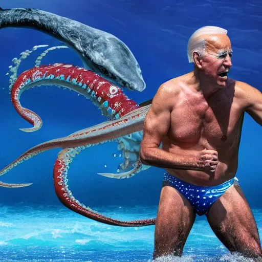 Image similar to photograph of joe biden wearing a bikini and battling a giant squid in the deep sea, realistic, 4 k,