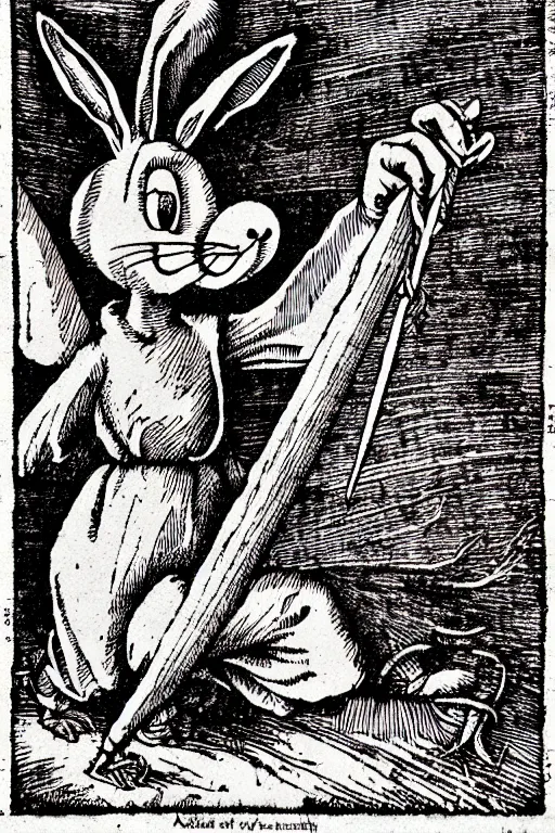 Image similar to bugs bunny of the apocalypse, pen and ink illustration / renaissance woodcut by albrecht durer 1 4 9 6, 1 2 0 0 dpi scan, ultrasharp detail, hq scan, intricate details, stylized border