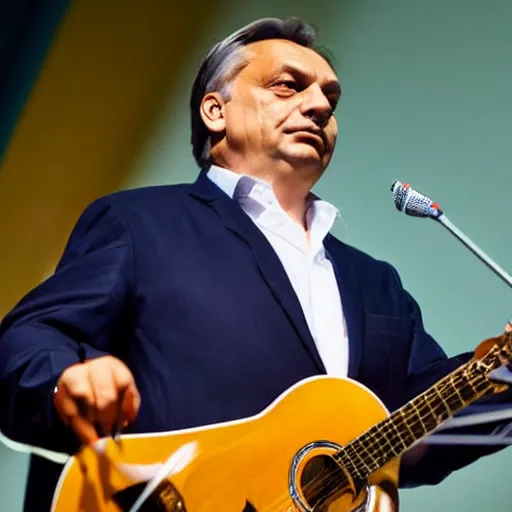 Image similar to viktor orban with a guitar, concert photography