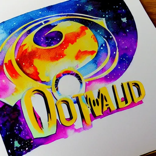 Image similar to a cosmic tomorrowland logo, watercolor and black ink