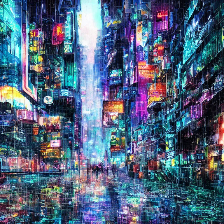 Image similar to A sad, melancholy cyberpunk city as seen through a rainy window, colorful, beautiful, striking, digital art