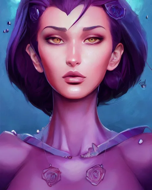 Prompt: beautiful Bella Hadid purple hair tattoos symmetrical face eyes full body fantasy art icon, 5d art cover , official fanart behance hd artstation by Jesper Ejsing, by RHADS, Makoto Shinkai and Lois van baarle, ilya kuvshinov, rossdraws