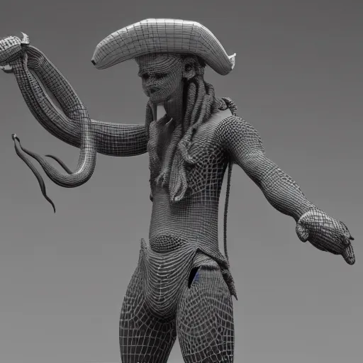 Image similar to 3 d render of a sculpture of a pirate full of tentacles, no colors, white and black, plastic, 4 k, 8 k, hd,