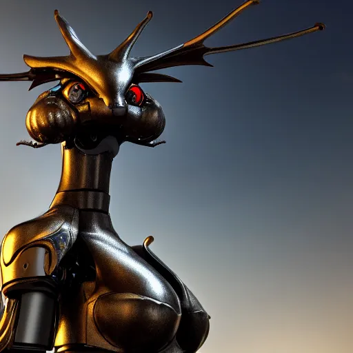 Image similar to amazing close-up shot of a cute and beautiful anthropomorphic robot female dragon, has two eyes, a sleek yet elegant design of metal plating, with two big epic wings behind her, two arms, the background is of the beach at night; high quality digital art, artstation, deviantart, furaffinity, high quality detail