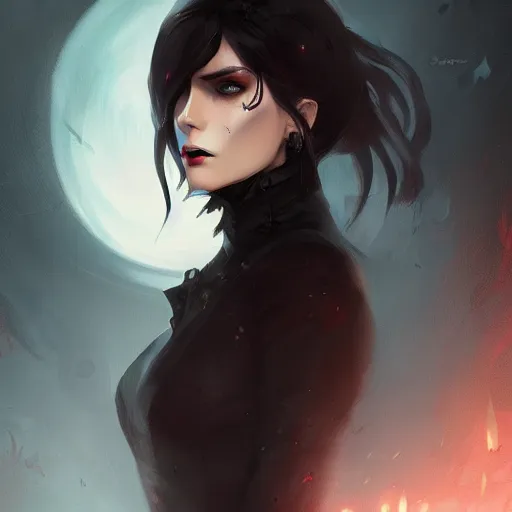 Image similar to female human vampire witch in the style of greg rutkowski, makoto shinkai, trending on artstation, character design, concept art, pretty face, highly detailed, long black hair, portrait, digital art