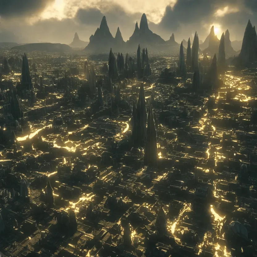 Prompt: the city of asgard. cinematic lighting, atmospheric lighting, focus, ultra - realistic, detailed.