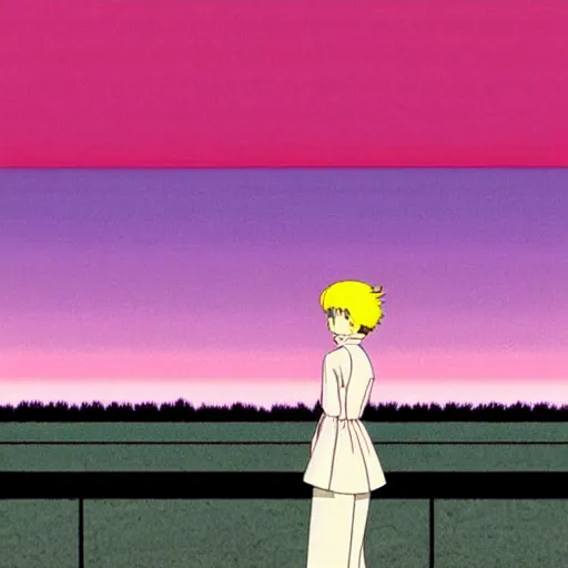 Prompt: woman watching a plane fly away in sunset, sprite, vaporwave nostalgia, directed by beat takeshi, visual novel cg, 8 0 s anime vibe, kimagure orange road, maison ikkoku, sketch by osamu tezuka, directed by makoto shinkai and beat takeshi