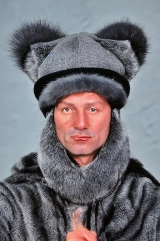 Image similar to gray fur hat soviet soviet russian winter fur cap with earflaps ushanka poster the movie 1 9 8 8 ussr don't be a menace to south central while drinking your juice in the hood, perfect symmetrical eye, soviet russian winter fur cap with earflaps ushankas vodka kremlin babushka communist