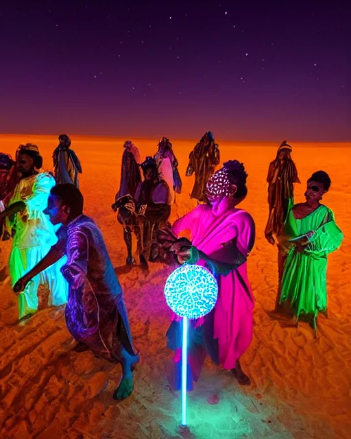 Image similar to Sahel Tuareg musicians dance party opens a fourth dimensional geometric laser neon portal to the north pole, aurora borealis emanates with opalescent light, surrealism, neo-romanticism, rule of thirds