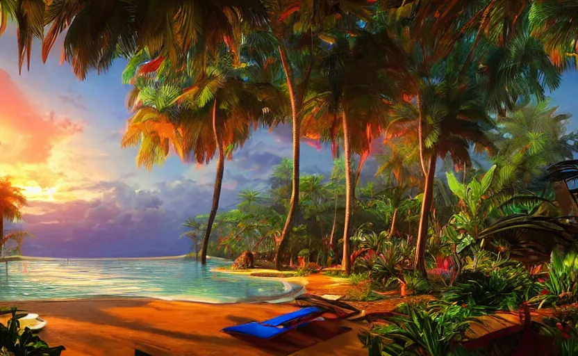 Image similar to a tropical resort in a jungle paradise, with a beautiful red and blue sunset, dynamic lighting, photorealistic fantasy concept art, trending on art station, stunning visuals, creative, cinematic, ultra detailed, ray tracing, sun rays