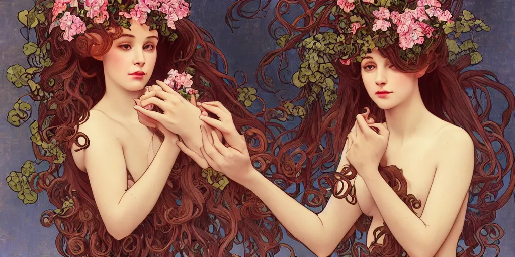 Prompt: a portrait of a very seductive young woman, hair full of gigantic flowers and octopus tentacles, photoillustration, realistic, closeup, facing the camera, dark, dramatic lighting, in the style of WLOP and Alphonse Mucha and Caravaggio