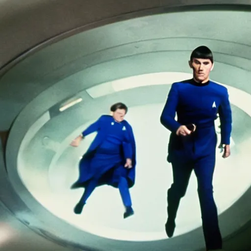 Prompt: photo of mr spock blue uniform exiting the tardis, cinematic, movie still