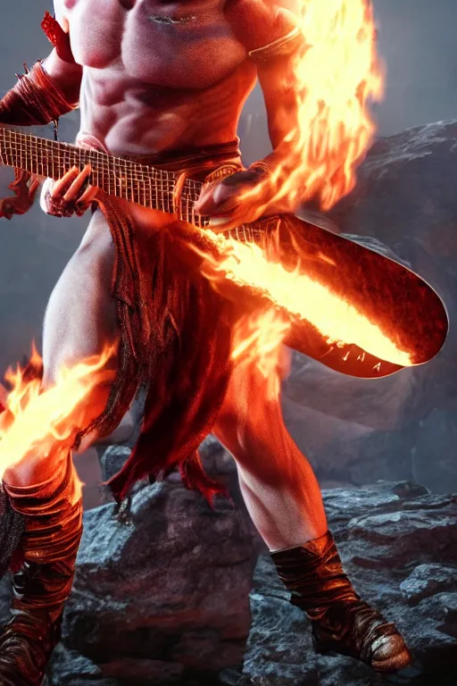 Prompt: kratos rocking out on a flaming stratocaster guitar, cinematic render, god of war 2 0 1 8, playstation studios official media, lightning, flames, red stripe, red stripe, clear, coherent
