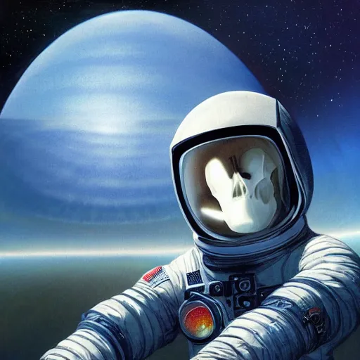 Image similar to An astronaut alone on a giant skull with the cosmos in the background by Jim Burns