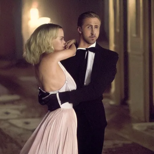 Image similar to still of ryan gosling and margot robbie, in once upon a time in america