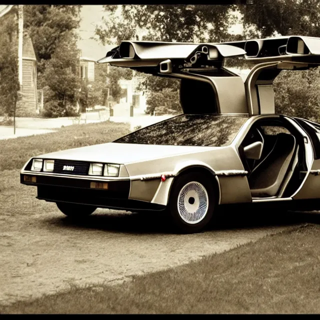 Prompt: the delorean from back to the future in 1 8 8 5, sepia