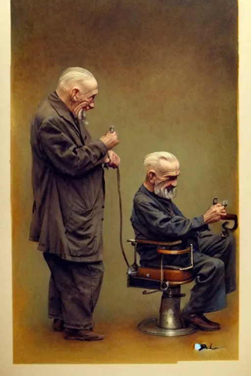 Image similar to (((((1950s barber shop with old men. muted colors.))))) by Jean-Baptiste Monge !!!!!!!!!!!!!!!!!!!!!!!!!!!