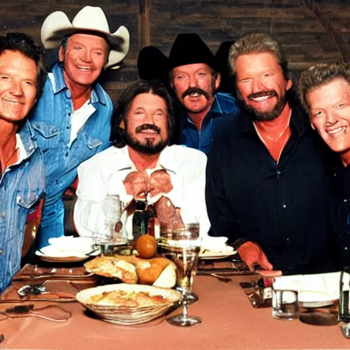 Prompt: The last supper, George strait, Alan Jackson, Randy Travis, brooks and Dunn, country music singers, high detail