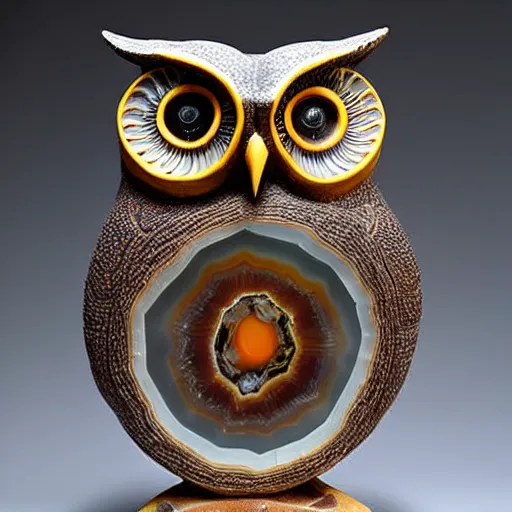 Prompt: symmetrical detailed sculpture of an owl, made of Agate