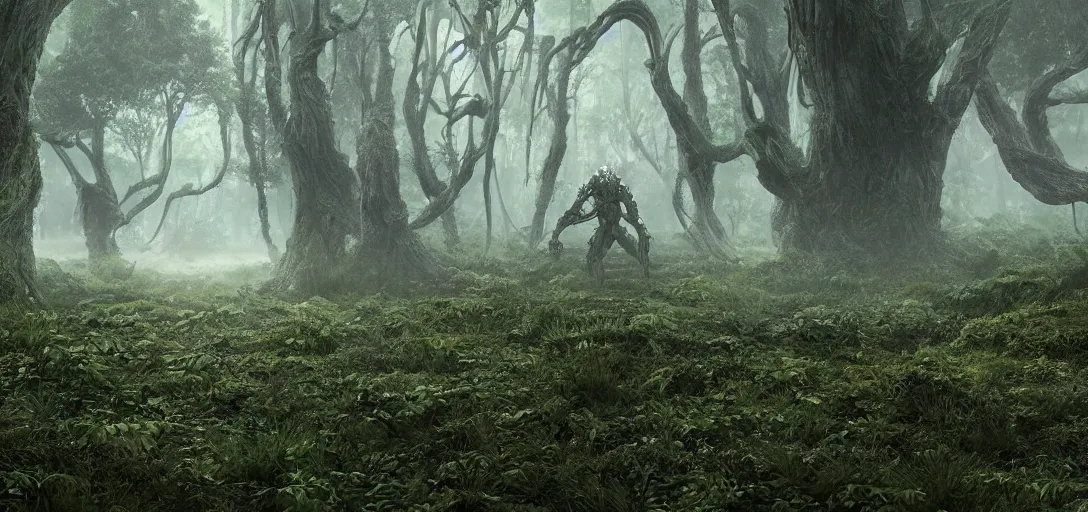 Image similar to a complex organic fractal 3 d metallic symbiotic ceramic humanoid megastructure creature in a swampy lush forest, foggy, cinematic shot, photo still from movie by denis villeneuve, 9 0 s anime